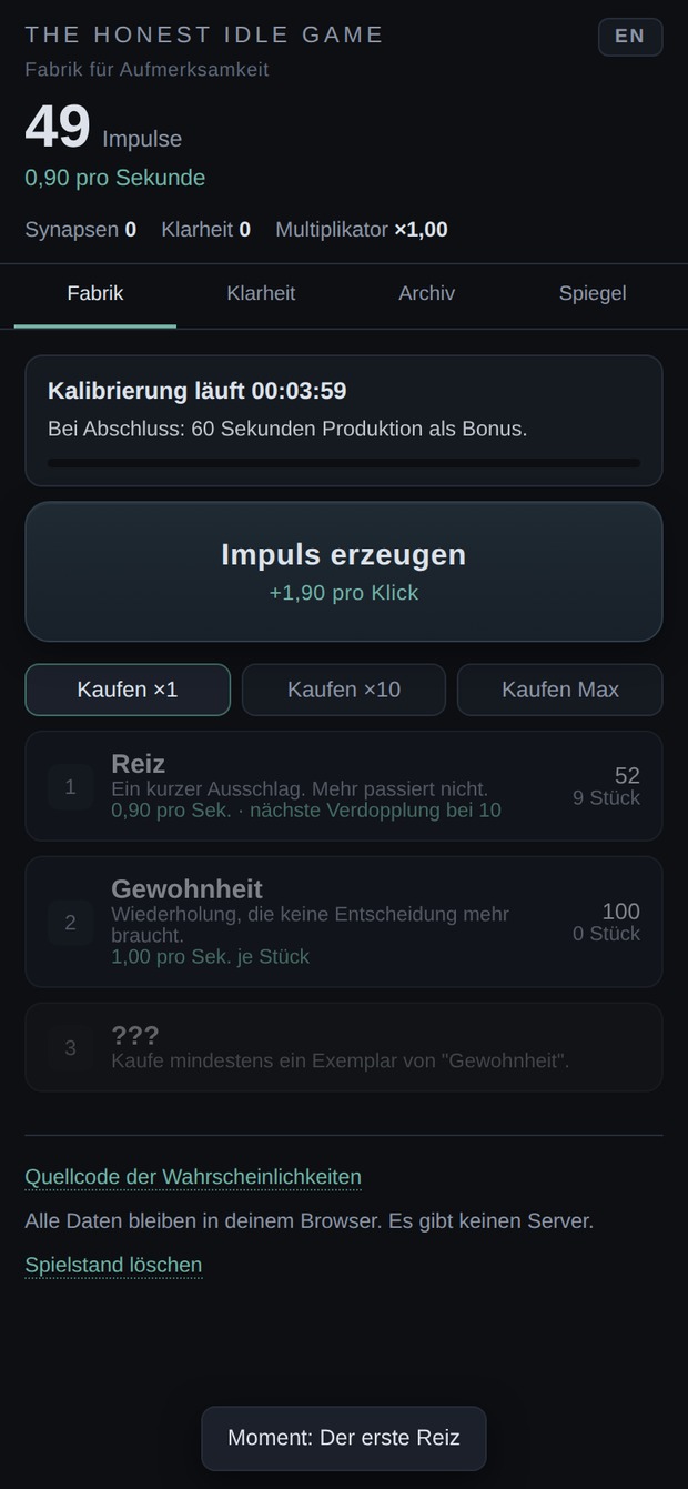 Das Spiel nach wenigen Minuten: Impulszähler, Klickknopf, zwei gekaufte Generatoren und ein laufender Kalibrierungsbalken.