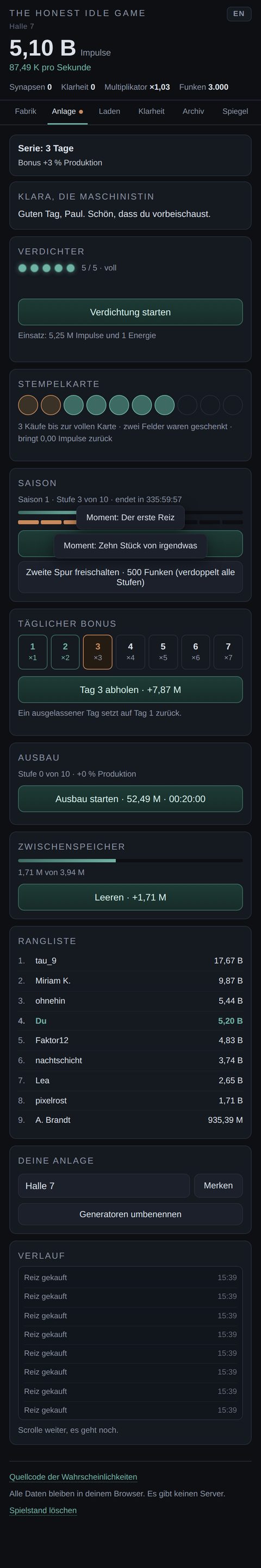 Der Anlage-Tab mit Klara, Verdichter, Stempelkarte, Saison, Tagesbonus, Ausbau, Zwischenspeicher, Rangliste und Verlauf.