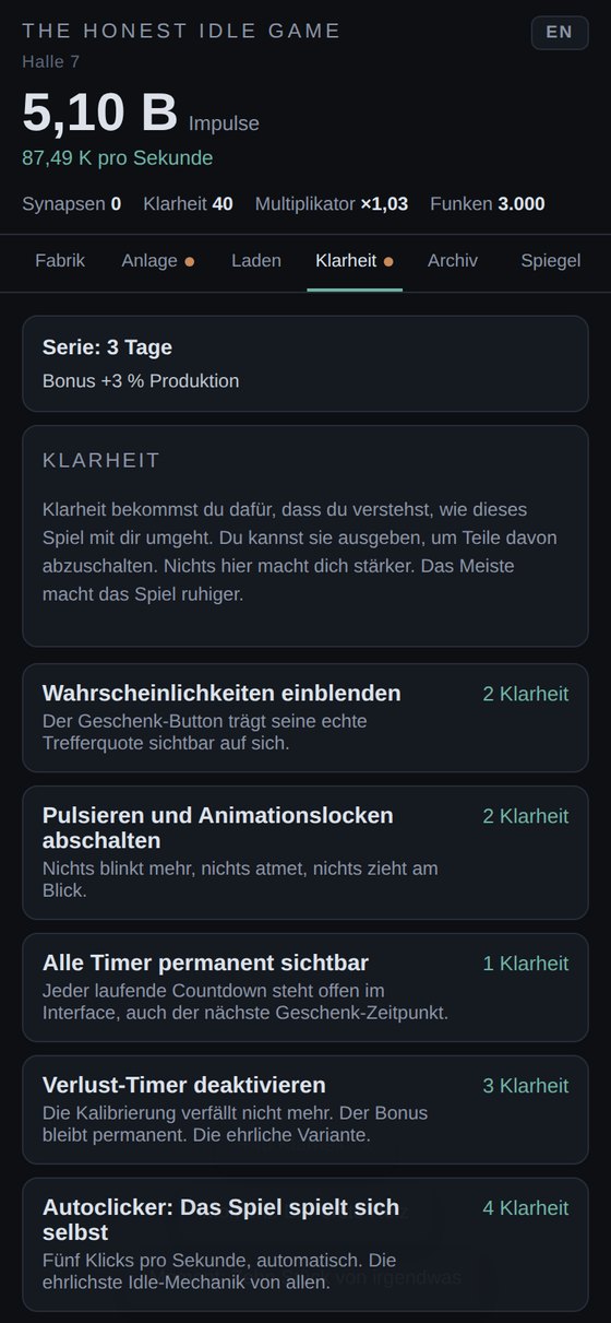 Der Klarheit-Shop mit Gegenmaßnahmen wie Wahrscheinlichkeiten einblenden, Pulsieren abschalten, Verlust-Timer deaktivieren und Autoclicker.