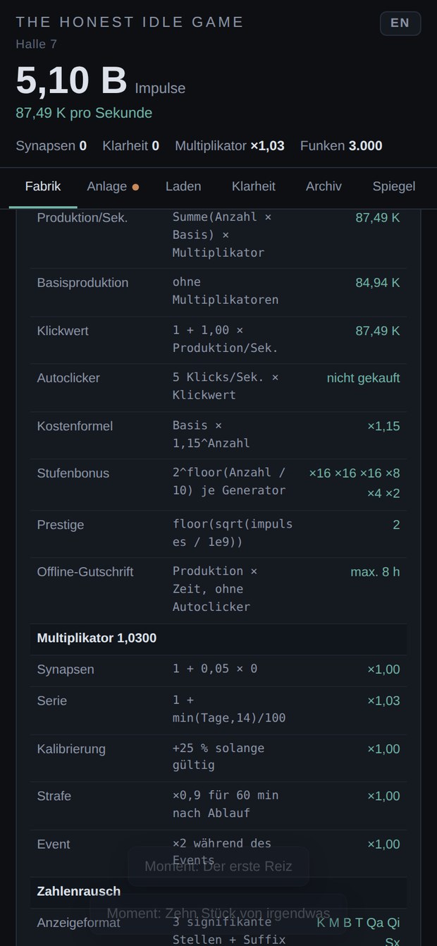 Das Glashaus-Panel: eine Tabelle mit Größe, Formel und aktuellem Wert für jede Mechanik.