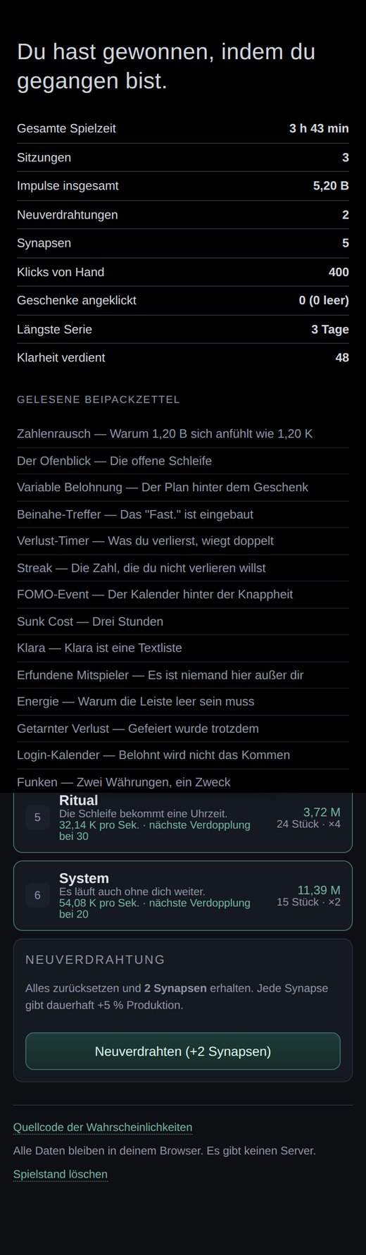 Der Abspann: schwarzer Bildschirm mit dem Satz "Du hast gewonnen, indem du gegangen bist", darunter die Gesamtstatistik und die Liste aller gelesenen Beipackzettel.
